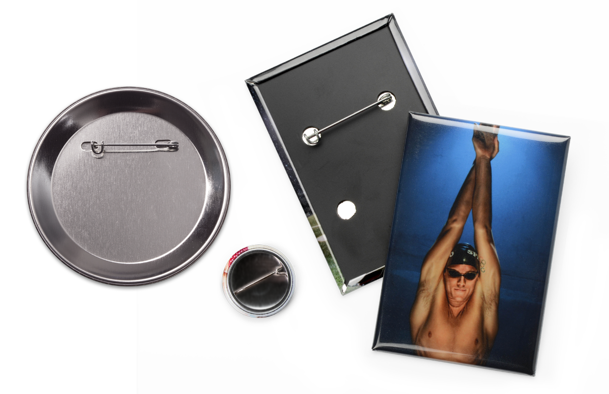 Photo Button Pins are made from a print on photo paper wrapped around a plastic or metal shell with a metal pin backing.
